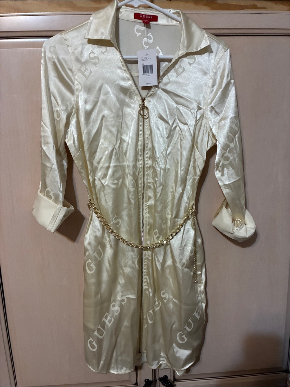 GUESS Cream Satin dress Logo Zip-Front with Gold Chain Belt